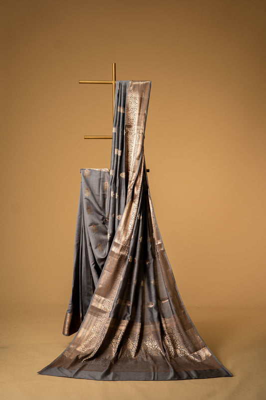 Grey Banarsi Cotton Silk Saree – Cactus Motif with Resham Work