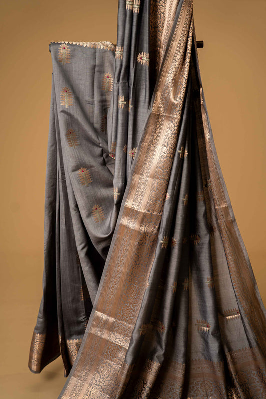 Grey banarasi Cotton Silk Saree – Cactus Motif with Resham Work - Atulyakarigari