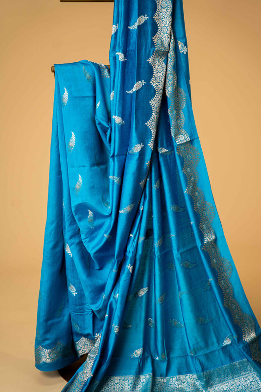 Feroza banarasi Cotton Silk Saree – Kalgi Leaf Motif - Atulyakarigari