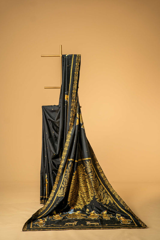 Black Satin Georgette Saree – Hand Painted Pure Georgette, Festive Wear