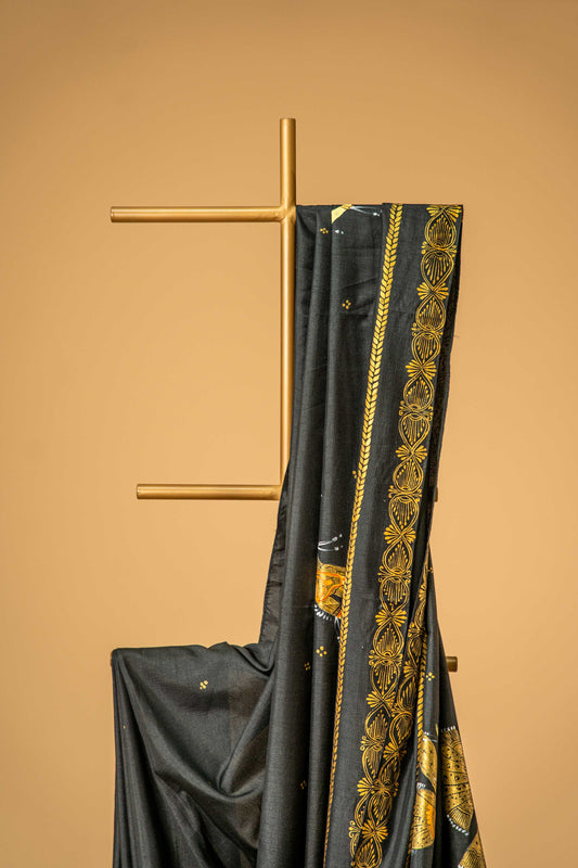 Black Satin Georgette Saree – Hand Painted Pure Georgette, Festive Wear - Atulyakarigari