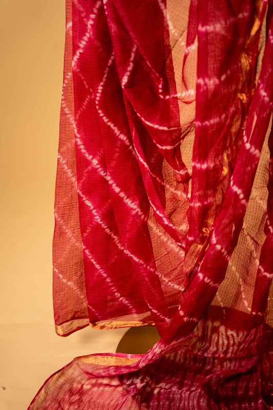 Kota Doria Handloom Saree – Magenta Block Print, Pure Bagru Cotton - Atulyakarigari