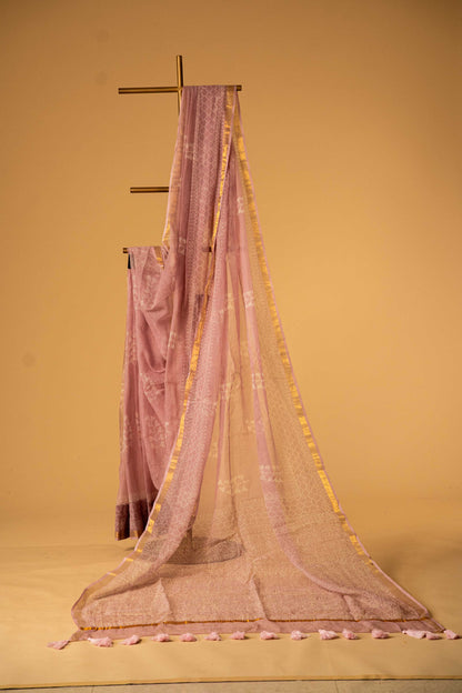 Bagru Kota Doria Saree – Pink Block Print Handloom Cotton with Blouse