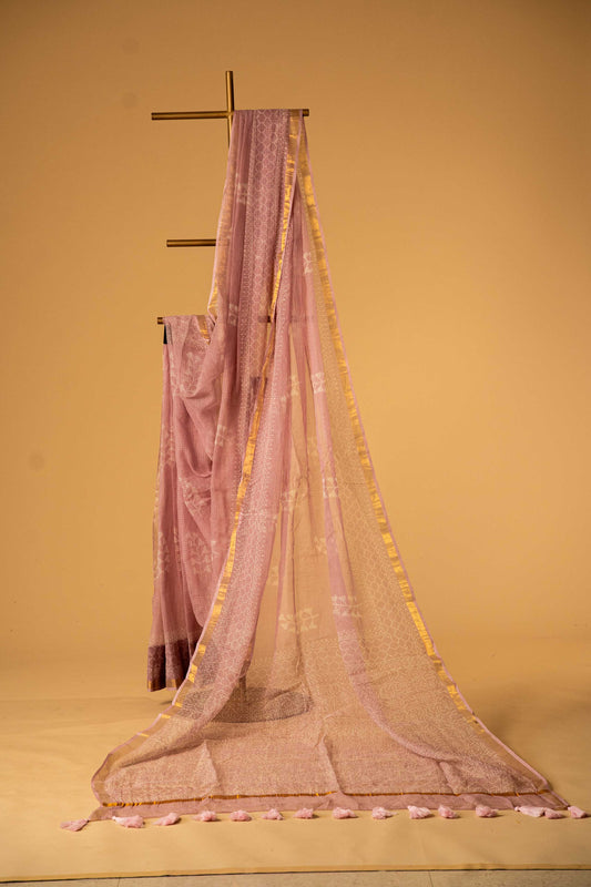 Bagru Kota Doria Saree – Pink Block Print Handloom Cotton with Blouse