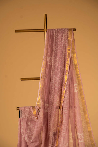 Bagru Kota Doria Saree – Pink Block Print Handloom Cotton with Blouse