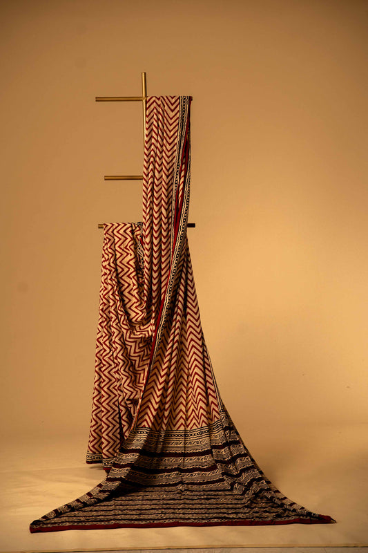 Bagru Handloom Mul Mul Cotton Saree – Brick Red Block Print