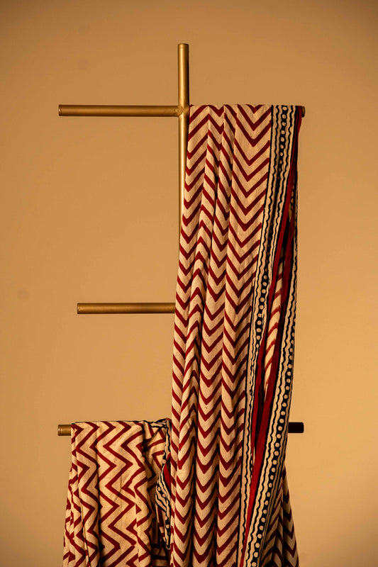 Bagru Handloom Mul Mul Cotton Saree – Brick Red Block Print - Atulyakarigari
