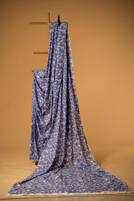 Bagru Handloom Mul Mul Cotton Saree – Light Blue Block Print