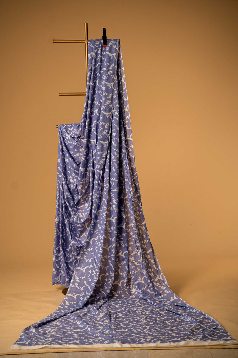 Light Blue Bagru Mul Mul Cotton Saree