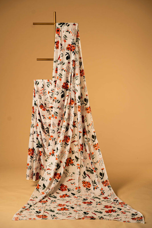 Bagru Handloom Mul Mul Cotton Saree – White Base with Floral Print