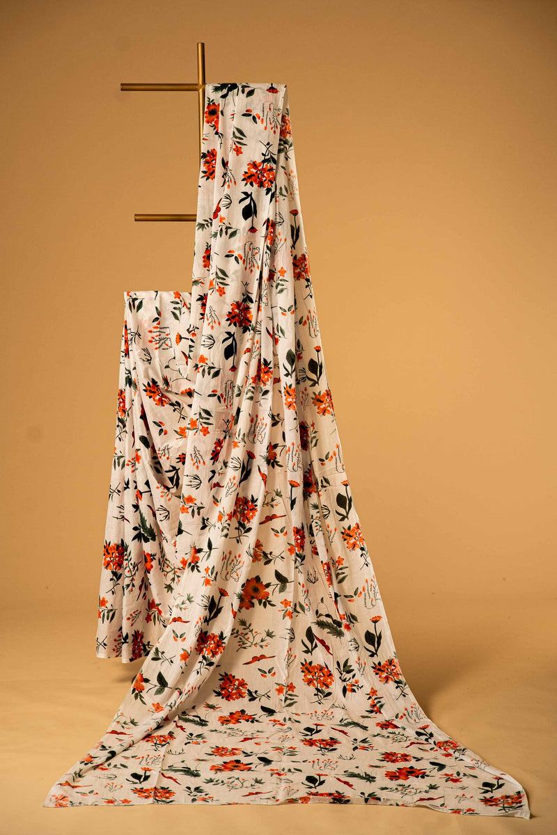 White Bagru Mul Mul Cotton Saree, Floral Print