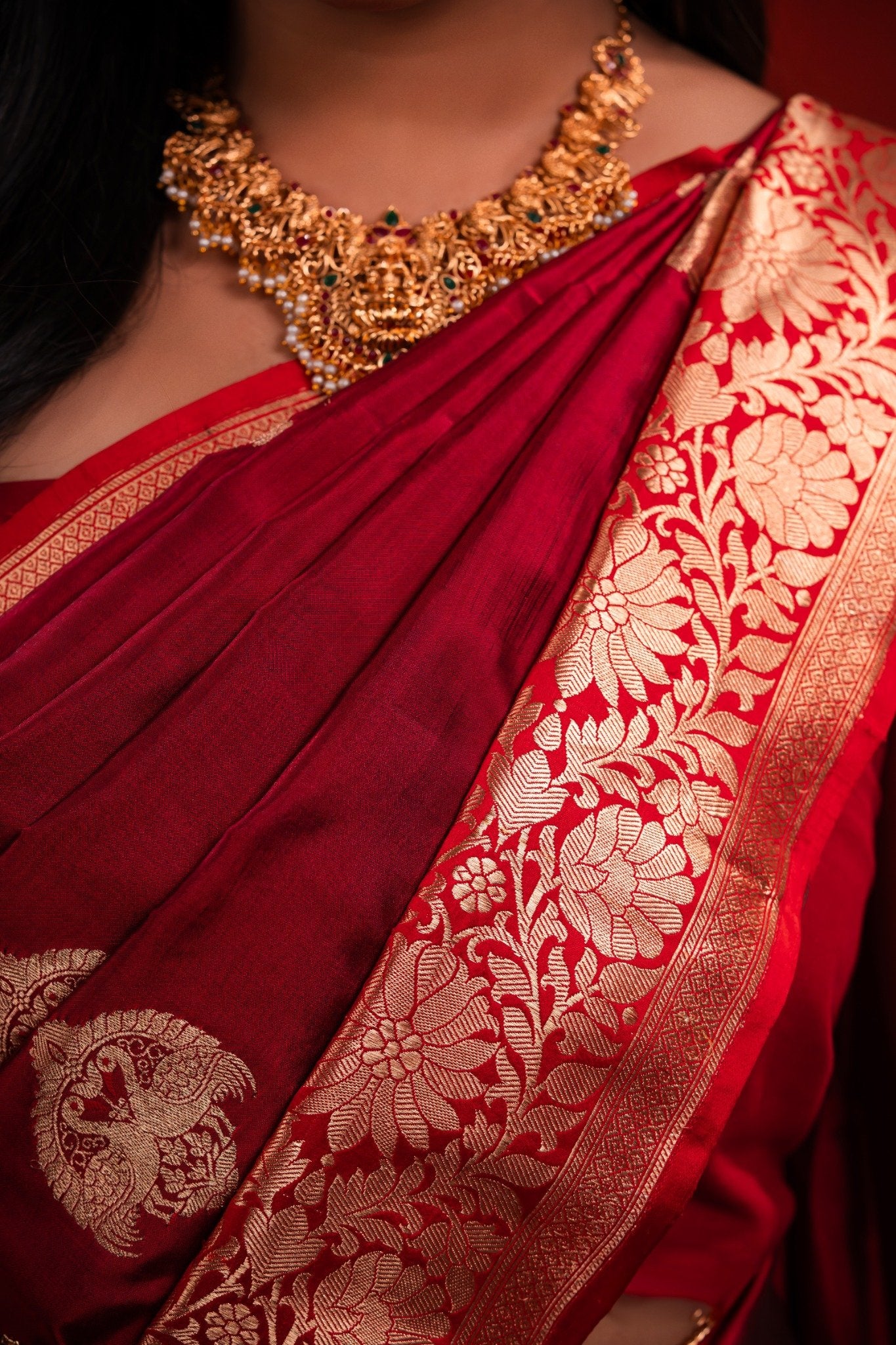 Red Banarasi Katan Silk Saree with Peacock Motif & Heavy Pallu - Atulyakarigari