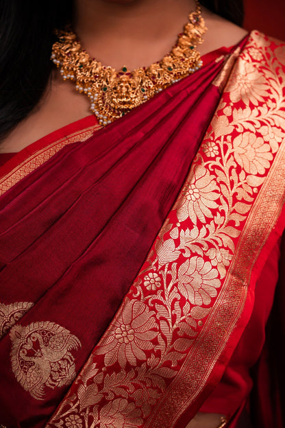 Red Banarasi Katan Silk Saree with Peacock Motif & Heavy Pallu - Atulyakarigari