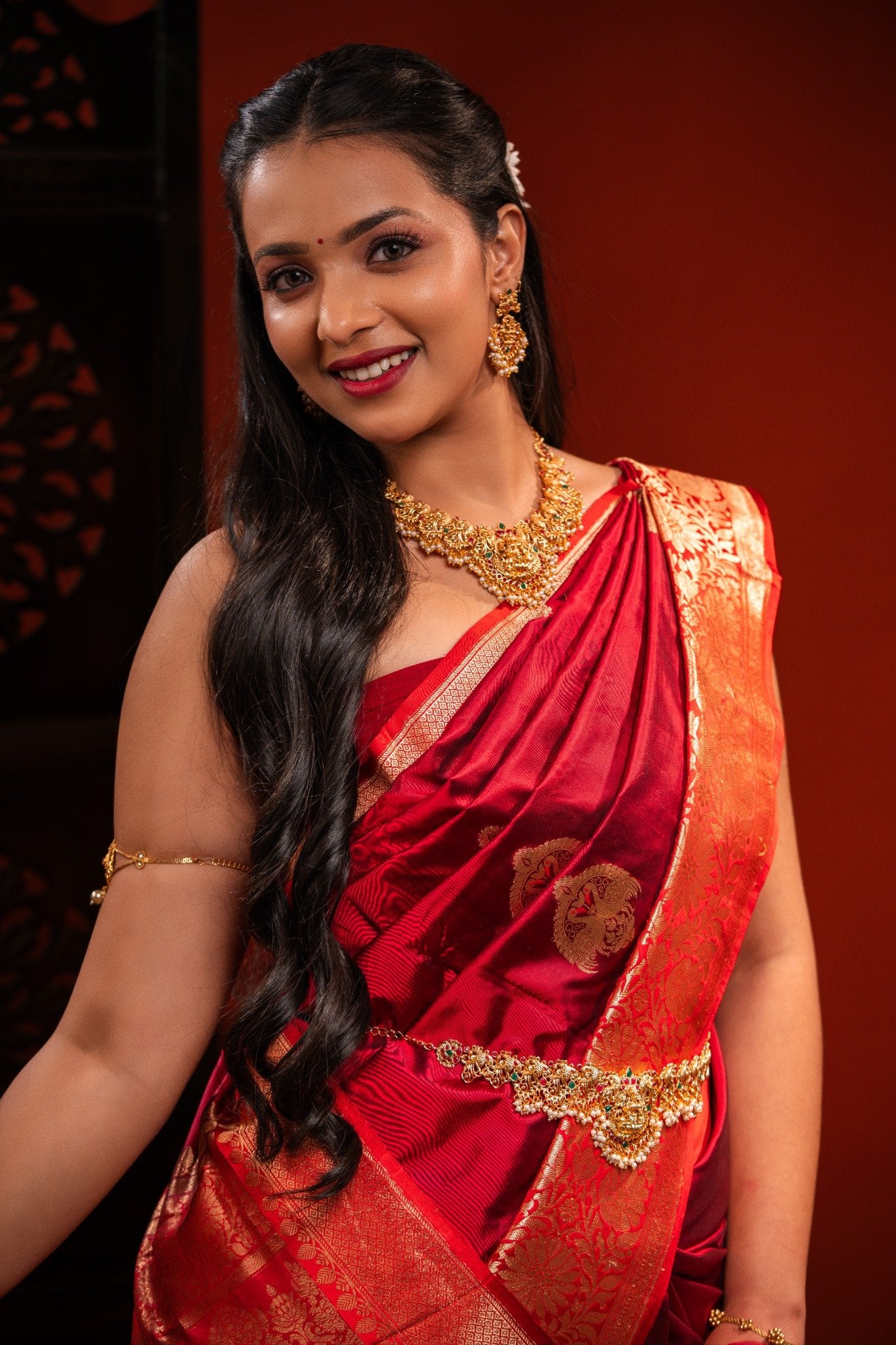 Red Banarasi Katan Silk Saree with Peacock Motif & Heavy Pallu - Atulyakarigari