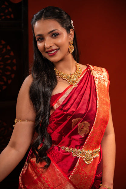 Red Banarasi Katan Silk Saree with Peacock Motif & Heavy Pallu - Atulyakarigari