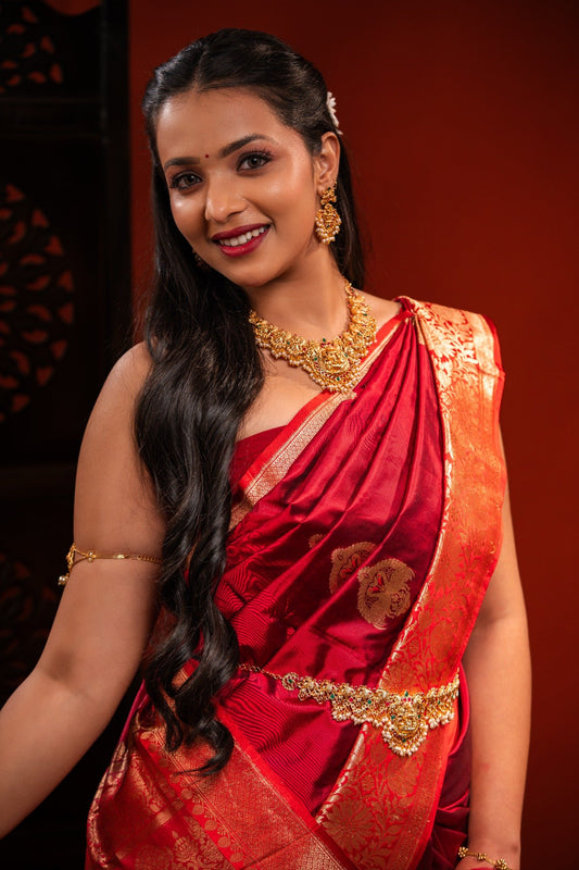 Red Banarasi Katan Silk Saree with Peacock Motif & Heavy Pallu