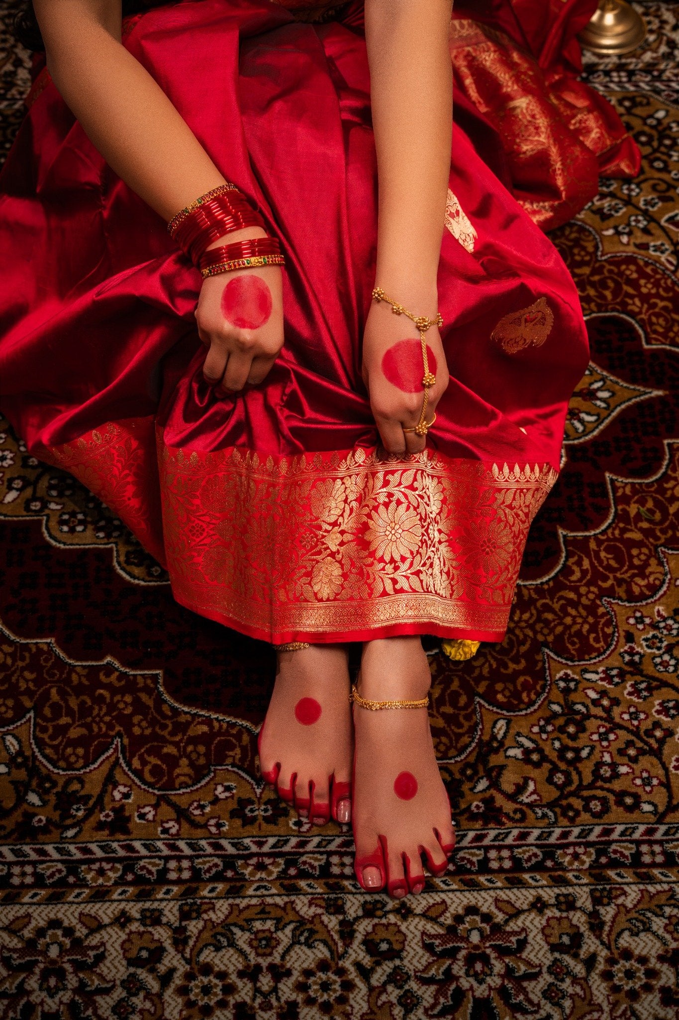 Red Banarasi Katan Silk Saree with Peacock Motif & Heavy Pallu - Atulyakarigari