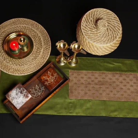 Table Runner Mehendi Green Silk Blend with brown Brocade