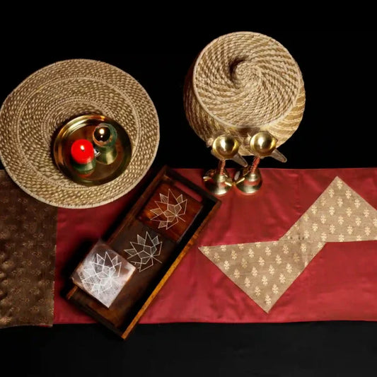 Table Runner Maroon  Silk Blend with brown Brocade