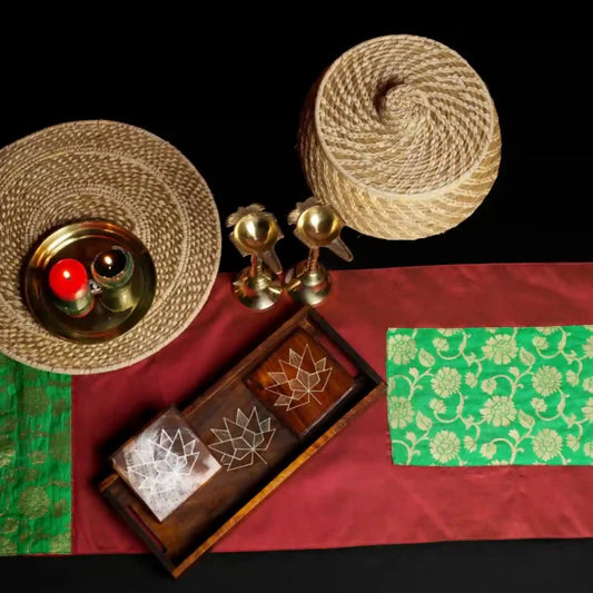 Table Runner Maroon  Silk Blend with green Brocade