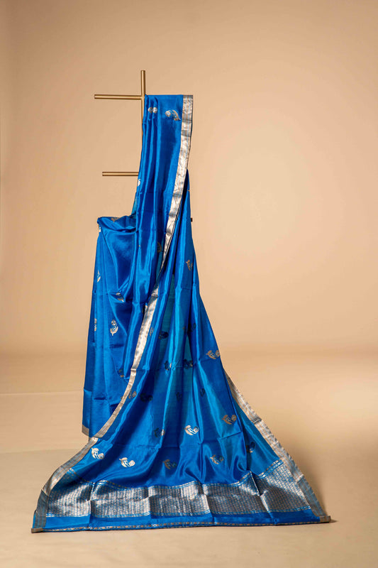 Royal Blue - Pure Katan Banarsi With Traditional Border