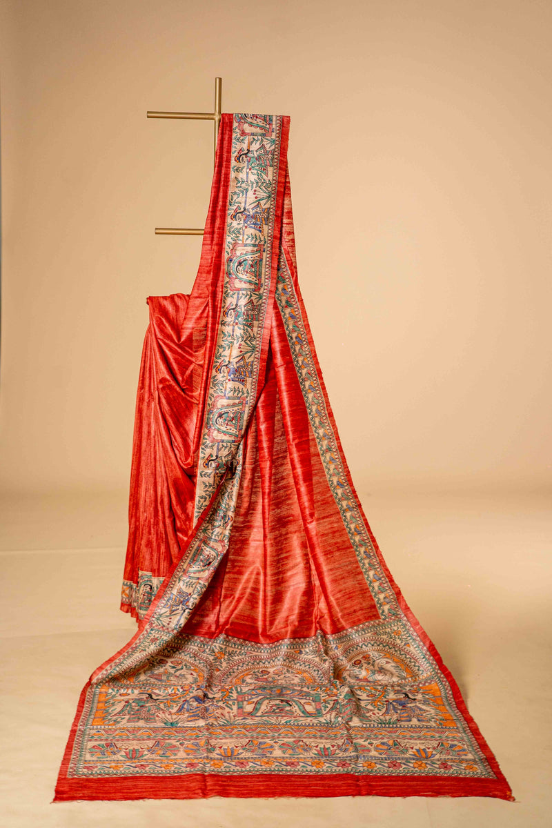Madhubani Pure Tussar Silk Saree, Hand Painted