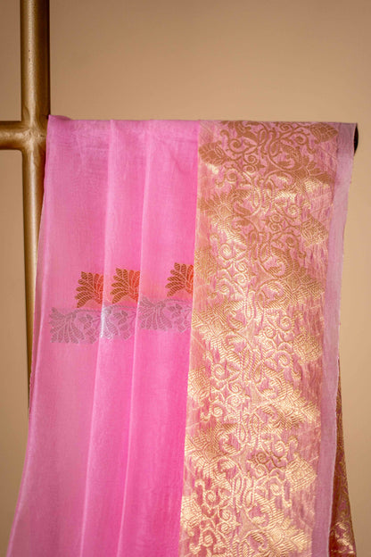 Baby Pink - Pure Kora Silk With Traditional Border