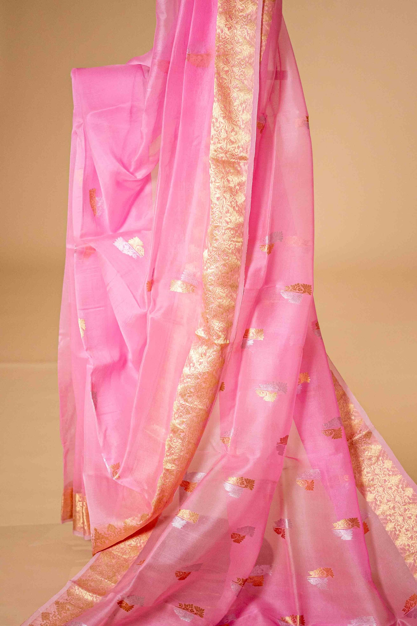 Baby Pink - Pure Kora Silk With Traditional Border
