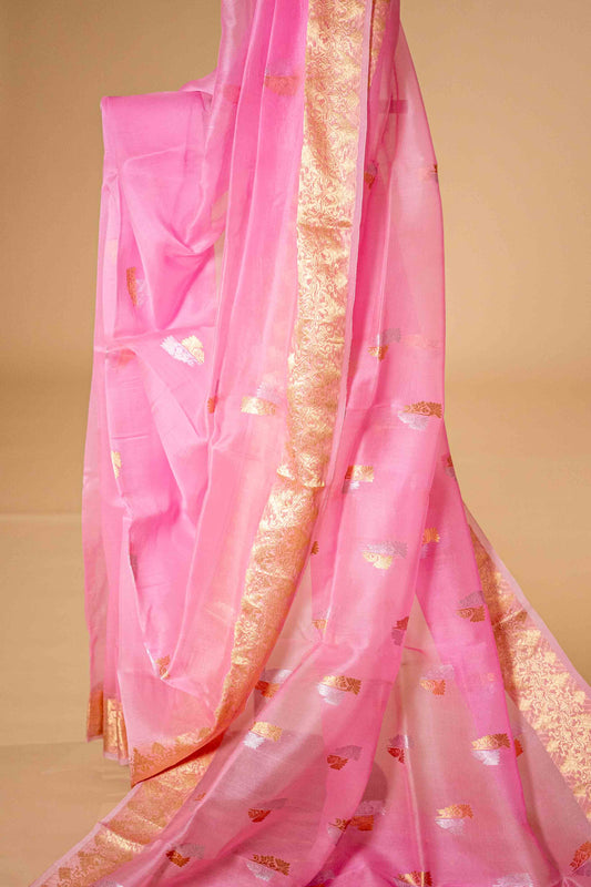 Baby Pink - Pure Kora Silk Saree With Traditional Border - Atulyakarigari