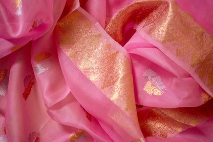 Baby Pink - Pure Kora Silk With Traditional Border