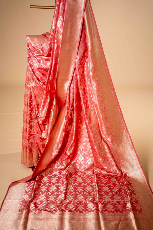 Pure Katan Banarasi Silk Saree With Bel Zari Floral Work - Atulyakarigari