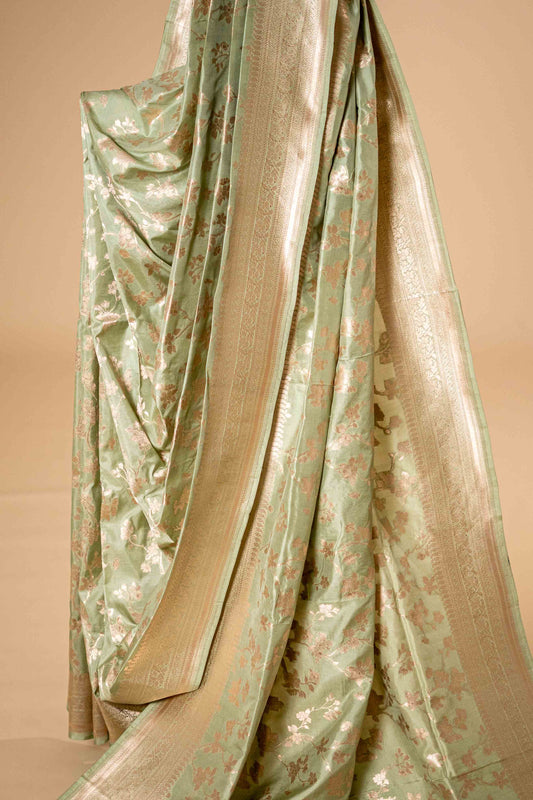 Pure Katan Banarasi Silk Saree with floral bel work - Atulyakarigari