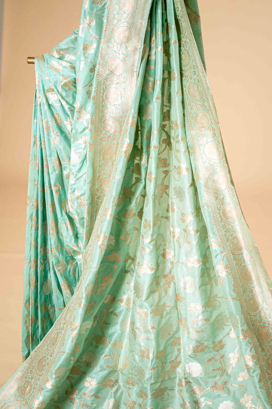 Pure Katan Banarasi Silk Saree With Floral Bel Work - Atulyakarigari