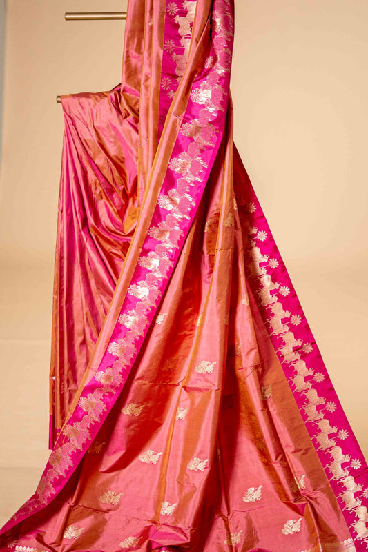 Carrot Pink - Pure Katan banarasi Saree with traditional border - Atulyakarigari