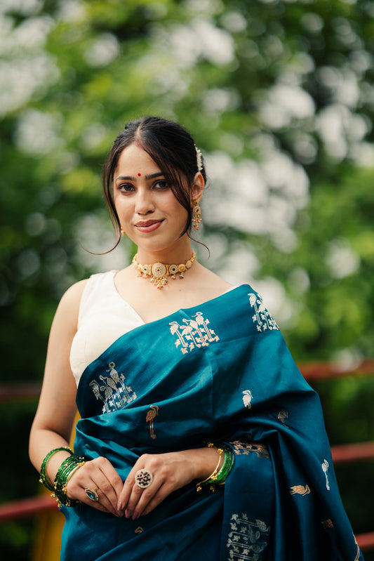 Deep Teal / Petrol Blue Banarasi Silk Saree