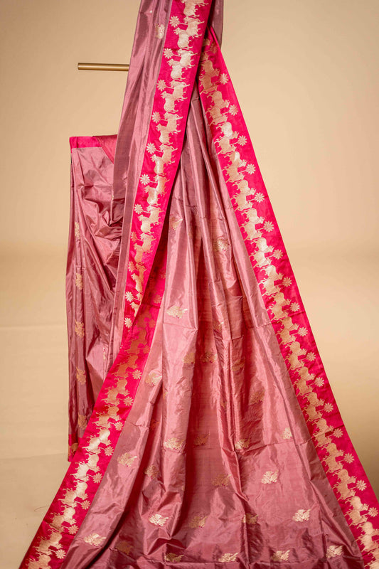 Dark Peach - Pure Katan banarasi Saree with traditional border - Atulyakarigari