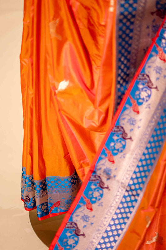 Pure Katan banarasi Saree With Traditional Border - Rust Orange - Atulyakarigari