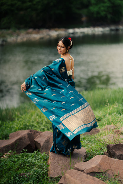 Deep Teal / Petrol Blue Banarasi Silk Saree
