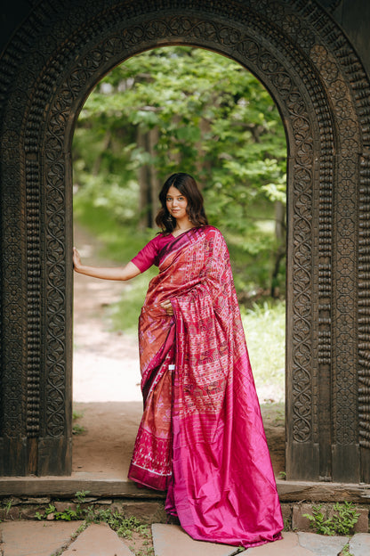 Crimson Red Khandua Silk Saree with Flame Teardrop Ikat Motifs | Odisha Handloom