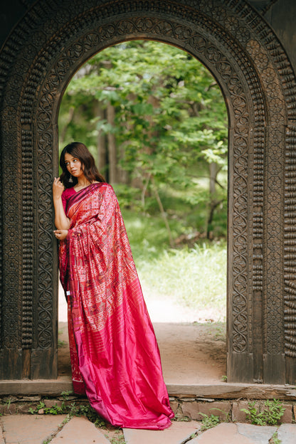 Crimson Red Khandua Silk Saree with Flame Teardrop Ikat Motifs | Odisha Handloom