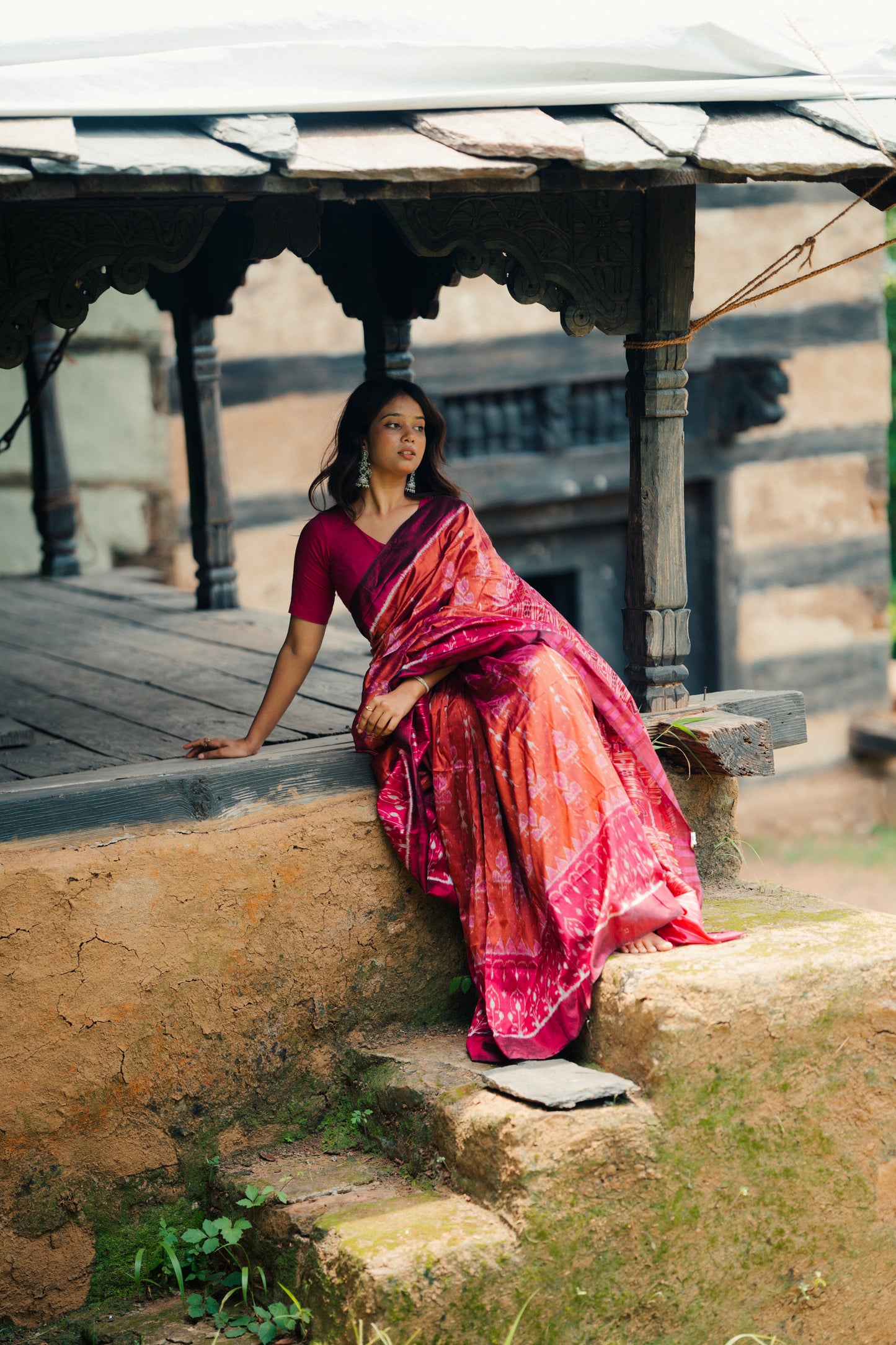 Crimson Red Khandua Silk Saree with Flame Teardrop Ikat Motifs | Odisha Handloom