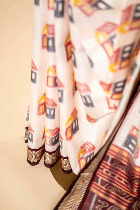 Pure Odisha Khandua Silk Saree With Hut Ikat Motif - Atulyakarigari
