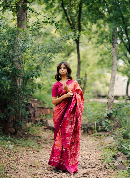 Crimson Red Khandua Silk Saree with Flame Teardrop Ikat Motifs | Odisha Handloom