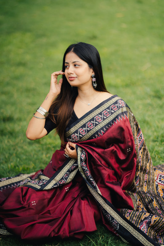 Burgundy Khandua Silk Saree with Floral Ikat Border | Atulyakarigari