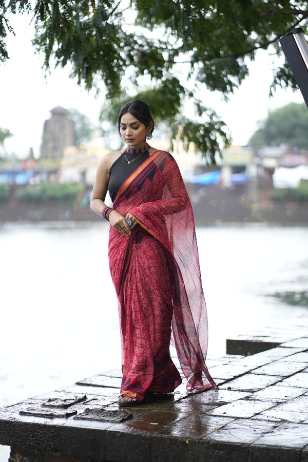 Pure Moonga Kota Saree(Deep Crimson Red with Black and Maroon)