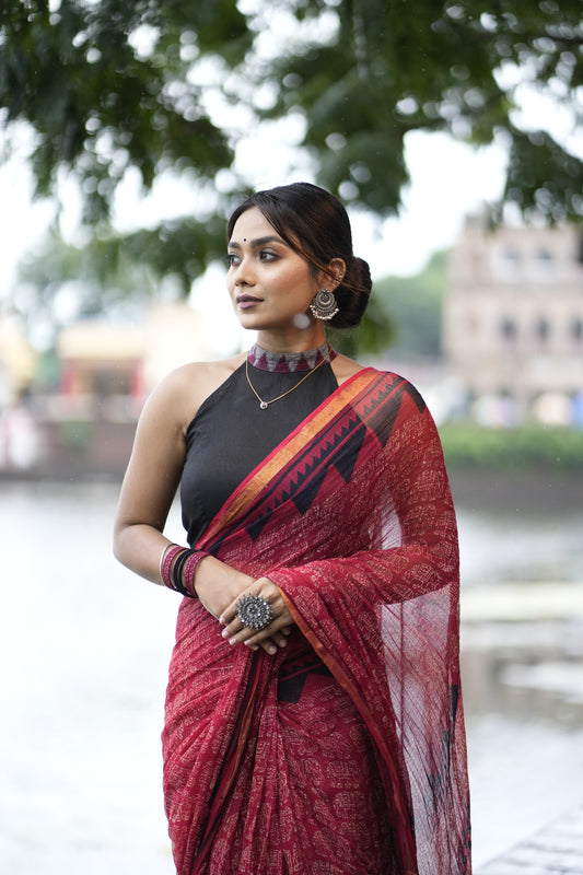 Pure Moonga Kota Saree(Deep Crimson Red with Black and Maroon) - Atulyakarigari