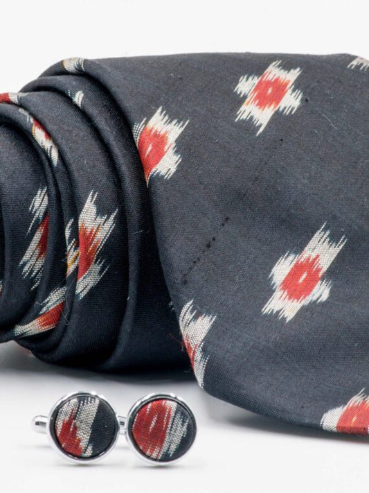 Black Ikat Tie and Cufflink Set