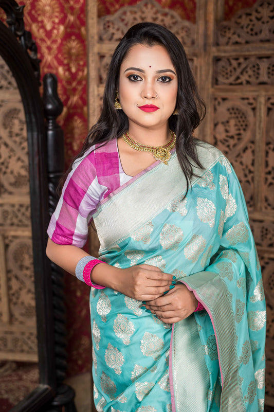 Seafoam Blue Banarasi Silk Saree with Silver Zari Motifs