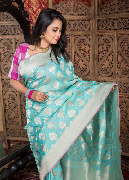 Seafoam Blue Banarasi Silk Saree with Silver Zari Motifs