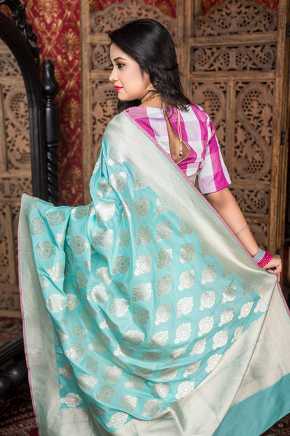 Seafoam Blue Banarasi Silk Saree with Silver Zari Motifs
